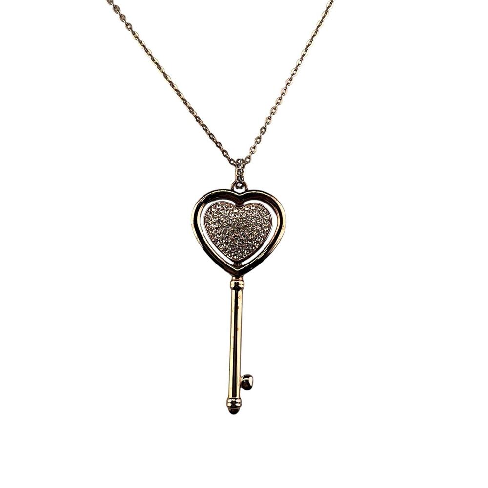 Swarovski Rose Gold Tone Crystal Heart Skeleton Key Necklace 31" Reversible